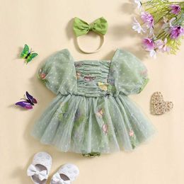 Rompers Summer Baby Clothing Girls Lace Embroidery Dress Sweet Triangle-Bottom Jumpsuits with Headband For Newborn Clothes H240507