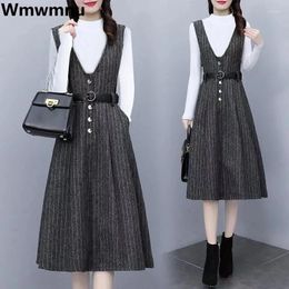 Work Dresses Slim Sleeveles Dress 2 Piece Set Thick Knitted Tops A-line Belt Midi Vestido Conjuntos Winter Plus Size 4xl Outfit