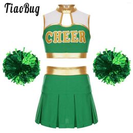 Clothing Sets Kids Girls Cheerleading Dance Stage Performance Party Costume Sleeveless Crop Top Pleated Skirts And Pompoms Cheerleader