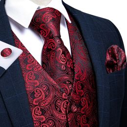 Dibangu Classic Red Black Paisley Mens Suit Vest Necktie Pocket Square Cufflinks Set Formal Business Waistcoat for Man Wedding 240507