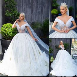 Vestidos de bola Casamento de decote em V fora do ombro luxuosos sem costas com brilhante vestido de corpeia de ilusão de miçango Made Made Plus Side Vestidos de Novia