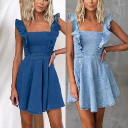 Casual Dresses Women Dress Splice A Line Mid Length Denim Jeans Blue Slash Neck Sleeve Y2k Backless Vestidos 2024 Summer