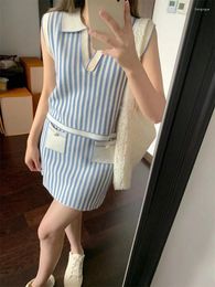 Work Dresses French Knitted Stripe 2 Piece Set Sleeveless Polo Neck Tank Top Mini Skirt 2024 Summer Temperament Fashion Suit Women