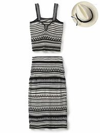 Work Dresses Women 2024 Autumn All-match Striped Knitted Sleeveless Strap Chic Square Collar Top Loof Waist Skirt Set Mujer