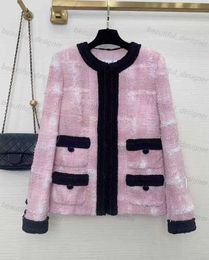 Designer women's jacket 2024 early autumn short style small fragrant coat for women's wool coarse tweed pink round neck cardigan top for women