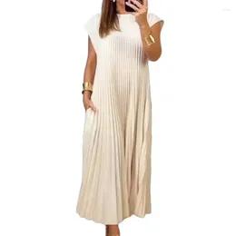 Casual Dresses Women Summer Solid Colour Pleated Fashion Comfortable Commuter Flying Sleeve Dress Female Side Double Pockets Gown