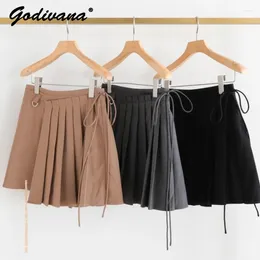 Skirts Autumn And Winter Japanese Style Pleated Mini Skirt For Women Lace-up Solid Colour Girls Sweet High Waisted Short