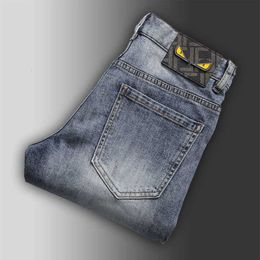Mens 2024 Slim Fit High End Trendy Brand Little Eyes Embroidered Micro Elastic Thin Small Straight Jeans