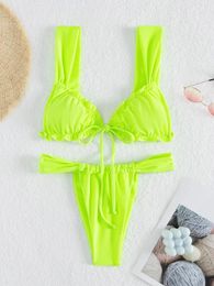 Women's Swimwear Split Solid Color Bikini Wooden Ear Edge Strap Swimsuit Simple Advanced Swimming Beach Sexy Fashion 2024