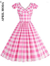 Party Dresses 2024 Women Vintage Plaid Printed Summer Dress Elegant Pink Red Retro Flare Sleeve 50s 60s 40s Swing Pleated