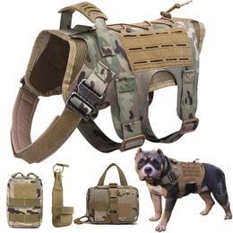 Tactical Dog Harness Pet Training Vest With Bags Military Dog Harness Leash Set Service Dog Vest Safety Lead Walking 240506