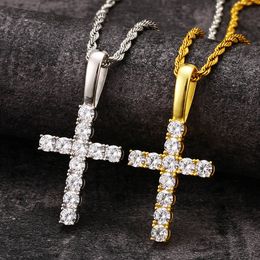 Passed Tester Diamond Necklace Yellow White Gold Plated 925 Sterling Silver VVS Moissanite Cross Pendant Necklace with 24inch Rope Chain for Friend