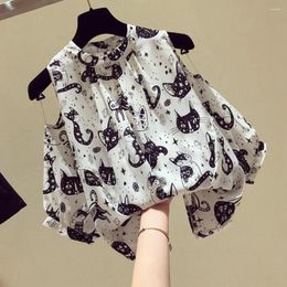 Women's Blouses Women Summer Top Loose Cartoon Print Long Sleeve Off Shoulder Short Sleeves Dress-up Streetwear O Neck Blouse Female Clot