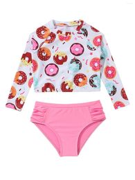 Clothing Sets Cute Cartoon Doughnut Pattern Girl Long Sleeved Swimsuit Two-Piece Middle Child Summer Pool Beach