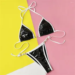 Women's Swimwear Bikini Set Sexy PU Faux Leather Black Micro Thong Women 2024 String Halter Mini Swimsuit Triangle Bikinis Swimming Suit