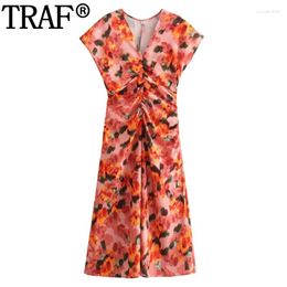 Party Dresses 2024 Print Midi Dress Woman Short Sleeve Beach Long For Women Summer Ruched Elegant Vacation Casual