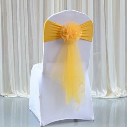 Sashes 10pcs/lot White Chair Bow Tie Organza Band Chair Spandex Stretch Cover Sashes For Hotel Banquet Wedding Party Decoration