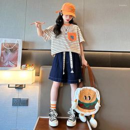 Clothing Sets 2024 Korean Summer Junior Girl Tracksuit Elementary Striped Short Sleeve T-shirt Denim Straight Shorts Set For 4-12Yrs