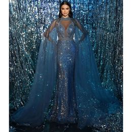 Dark Sparkly Mermaid Prom Dresse Long Sleeves V Neck Capes Halter Appliques Sequins Beaded Floor Length Lace Hollow Evening Dress Bridal Gowns Plus Size Custom 0431