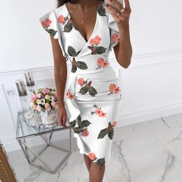 In Women Floral Print Midi Dress Plus Size Ruffles Sleeve Vneck Slim Vintage Dresses Elegant Bodycon Party Vestidos 240422