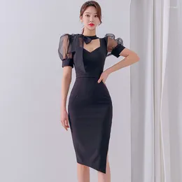 Party Dresses WTIANYUW Runway Elegant 2024 Korean Women Summer Puff Sleeve Temperament Bodycon Mesh Patchwokr Bow Split Office Dress