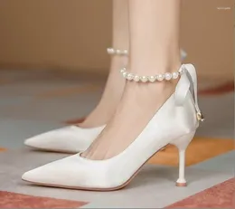 Dress Shoes Silk Ankle Pearl White Pumps Sexy High Heels Women Stiletto Bow Strap Wedding Bride For
