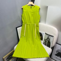 Womens Dress fashion brand crew neck sleeveless gathered waist vest pleated dress