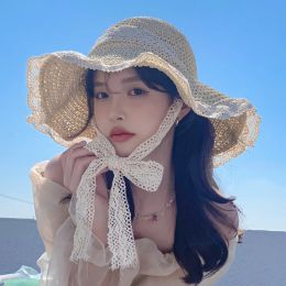 여자 여름 짚 모자 접이식 일요일 모자 넓은 큰 뇌하 해변 모자 패션 밀짚 모자 Chapeau Femme Beach UV Protection Cap