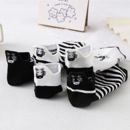 Women Socks Cute Embroidery Zebra Short Ankle Harajuku Striped Cartoon Black White Casual Cotton Sokken Dropship
