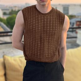 Men's Tank Tops Sexy Hollow Out Knit Mens Summer Crew Neck Sleeveless Casual Camisoles Men Fashion Solid Color Slim Knitted Vest