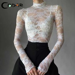 Women's T-Shirt CIBBAR Transparent Lace Crop Top Womens Elegant Sexy Pure White Long sleeved Ultra Thin T-shirt Korean Fashion T-shirt Y2K Aesthetic T-shirtL2405