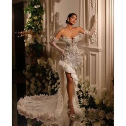 Mermaid Prom Dresses Long Sleeves V Neck Appliques Sequins Floor Length Celebrity Diamonds Pearls Side Slit Evening Dress Bridal Gowns Plus Size Custom Made 0431