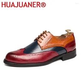 Casual Shoes Men Dress Fashion Brogue Flats Oxford Leather Formal Blue Patchwork Colour British Style Party Gentleman