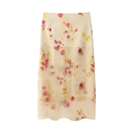 Skirts Summer Women's Print Skirt High Waist Floral Printed Vintage Midi Chic Women Back Split Zipper Half