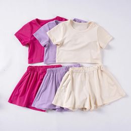 Clothing Sets Girls Short Sleeve Suits Summer Kids Solid Colour Casual Suit 0-5Y Waistless Top Loose Shorts Two Piece Set