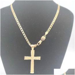 Pendant Necklaces Cross 24 K Solid Gold Gf Charms Lines Necklace Curb Chain Christian Jewelry Factory Wholesalecrucifix God Gift Drop Dhrkw