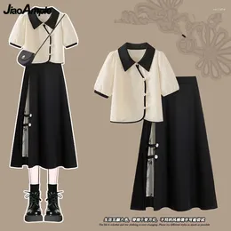 Work Dresses 2024 Summer Chinese Style Women Graceful Shirt Skirts 1 Or Two Piece Set Lady Short Sleeve Blouse Black Skirt Outfits Tops