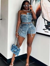 Women's Tracksuits Summer Sexy Denim 2 Two Pieces Sets Women Outfits Sleeveless Strapless Buttons Crop Tops Blue Irregular Jeans Shorts