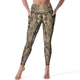 Women's Leggings Brown Snakeskin Sexy Animal Skin Print Work Out Yoga Pants High Waist Elastic Sport Legging Pockets Sweet