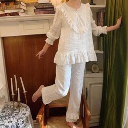 Women's Sleep Lounge Kawaii Pyjamas Nightwear Sleepwear White Vintage Cotton Pajama Sets Women Spring Autumn Embroidery Lace Sleep Tops Bottoms Pants