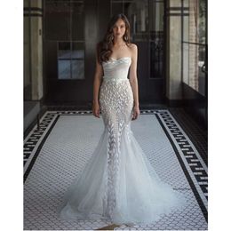 Sexy Elegant Mermaid Prom Dresses Princess Strapless Sleeveless Sweetheart Appliques Sequins 3D Leaves Lace Floor Length Party Gowns Plus Size Custom Made 0431