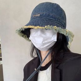 Denim Tassel Brim Bucket Hat Women Korea Fashion Cotton Foldable Beach Outdoor Panama Caps Sun Y2K Style Frayed Expedition Hats 240426