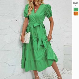 Designer Dress 2024 Summer Casual V-neck Dress with Bubble Sleeves Loose Layered A-line Flowing Long Dress Plus size Dresses