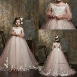 Cute Ball Gown Flower Girl Dresses Jewel Long Sleeve Lace Applique Sequins Crystal Pageant Dress Floor Length Girl's Birthday Party 0431