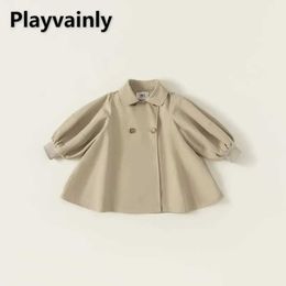 Tench coats Korean Style Spring Autumn Baby Girl Mid Length Trench Solid Color Lantern Sleeve Turn-down Collar Coat Children Clothes H240507