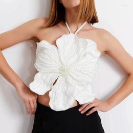 Women's Tanks Summer Sexy Vest Pearl Inlaid Three-Dimensional Flower Stitching Design Sense Hanging Neck Tube Top Lace-up