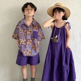 Clothing Sets Summer Children Siblings Look Clothes Cotton Argyle Patched Shirt Solid Loose Shorts Babys Boy Suits Pure Colour Strap Slip