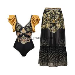 Women's Swimwear Female Retro Swimsuit One Piece Dp V Lotus Leaf Slve Holiday Beachwear Skirt Designer Bathing Suit Summer Surf Wear H240507