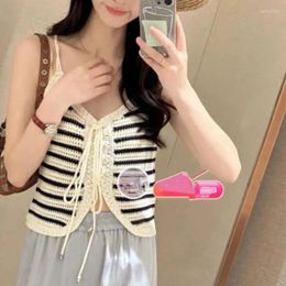 Women's Tanks 2024ss Spring/Summer Product Celebrity Elegant Light Wave Hollow Knitted Small Sling Striped Top