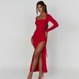 Women Bathing Suit Cover Up Swimsuit Bath Exits Dress 2024 Winter Sexy Long Sleeve Drawstring Slit Solid Spandex Beach And